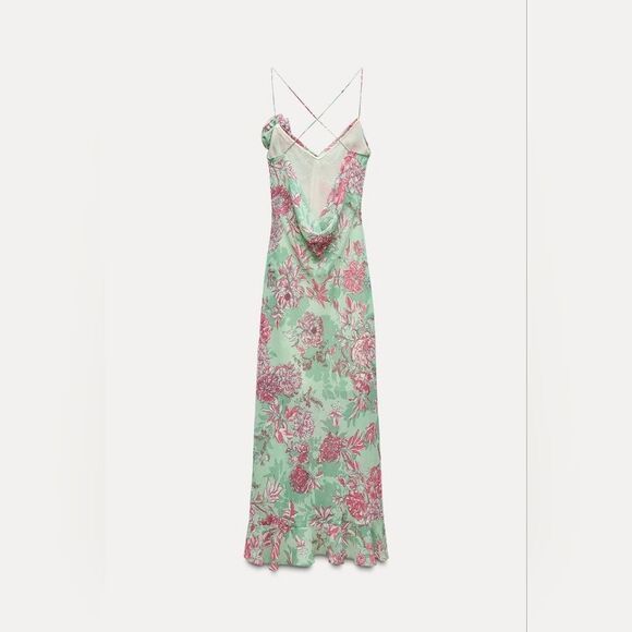 NWT ZARA FLORAL PRINTβSLIP DRESS GREEN AND PINK - Picture 16 of 16